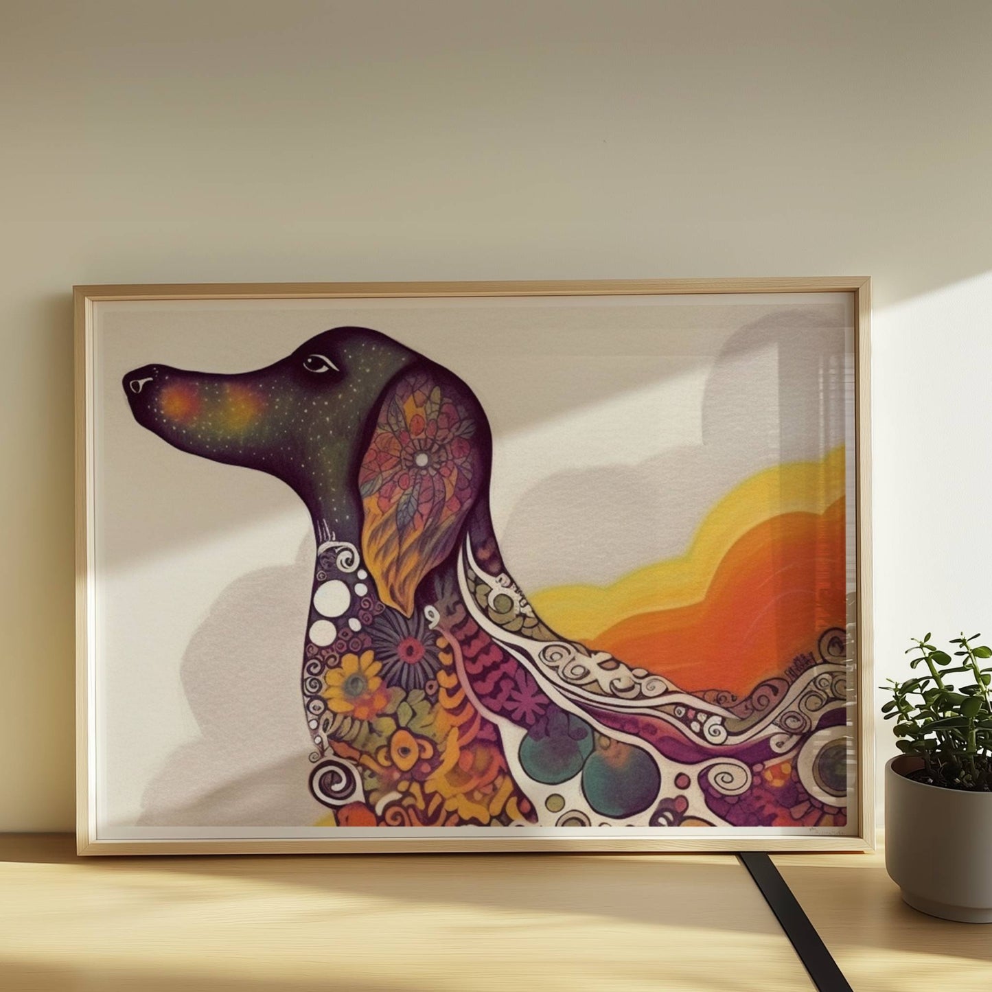 Bunter Dackel in psychedelischem Stil mit Mustern.. Rahmen natur 70x50