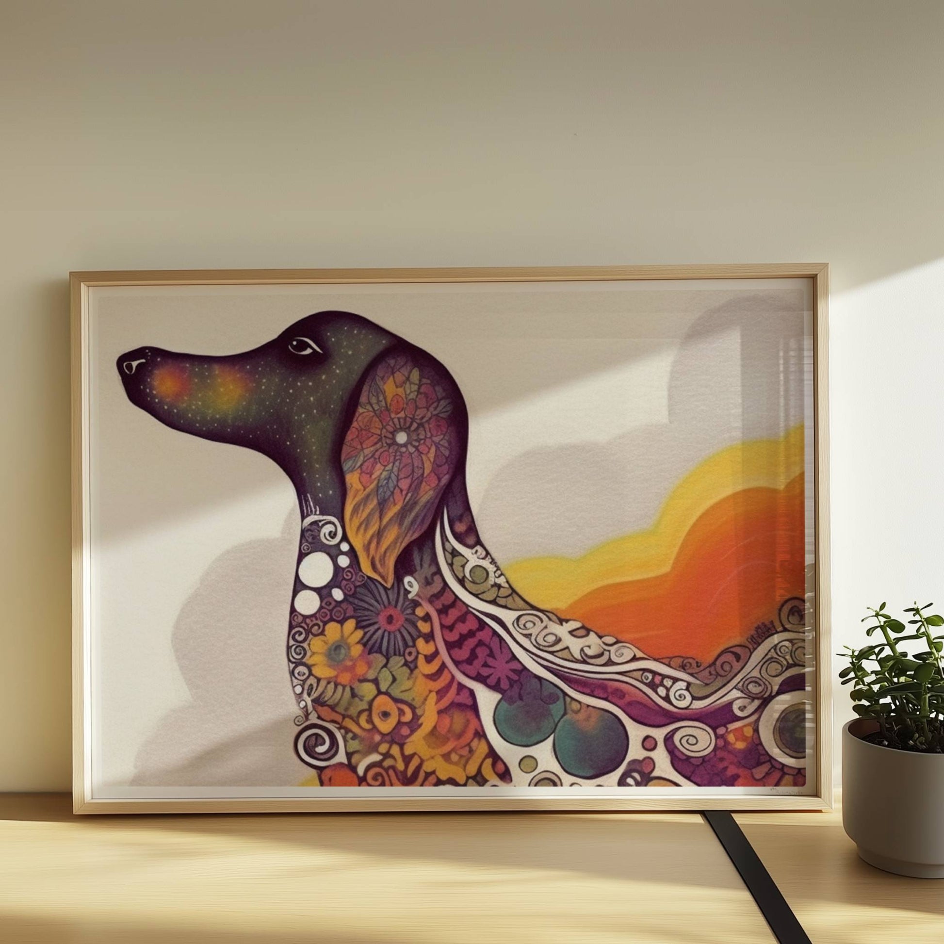 Bunter Dackel in psychedelischem Stil mit Mustern.. Rahmen natur 70x50