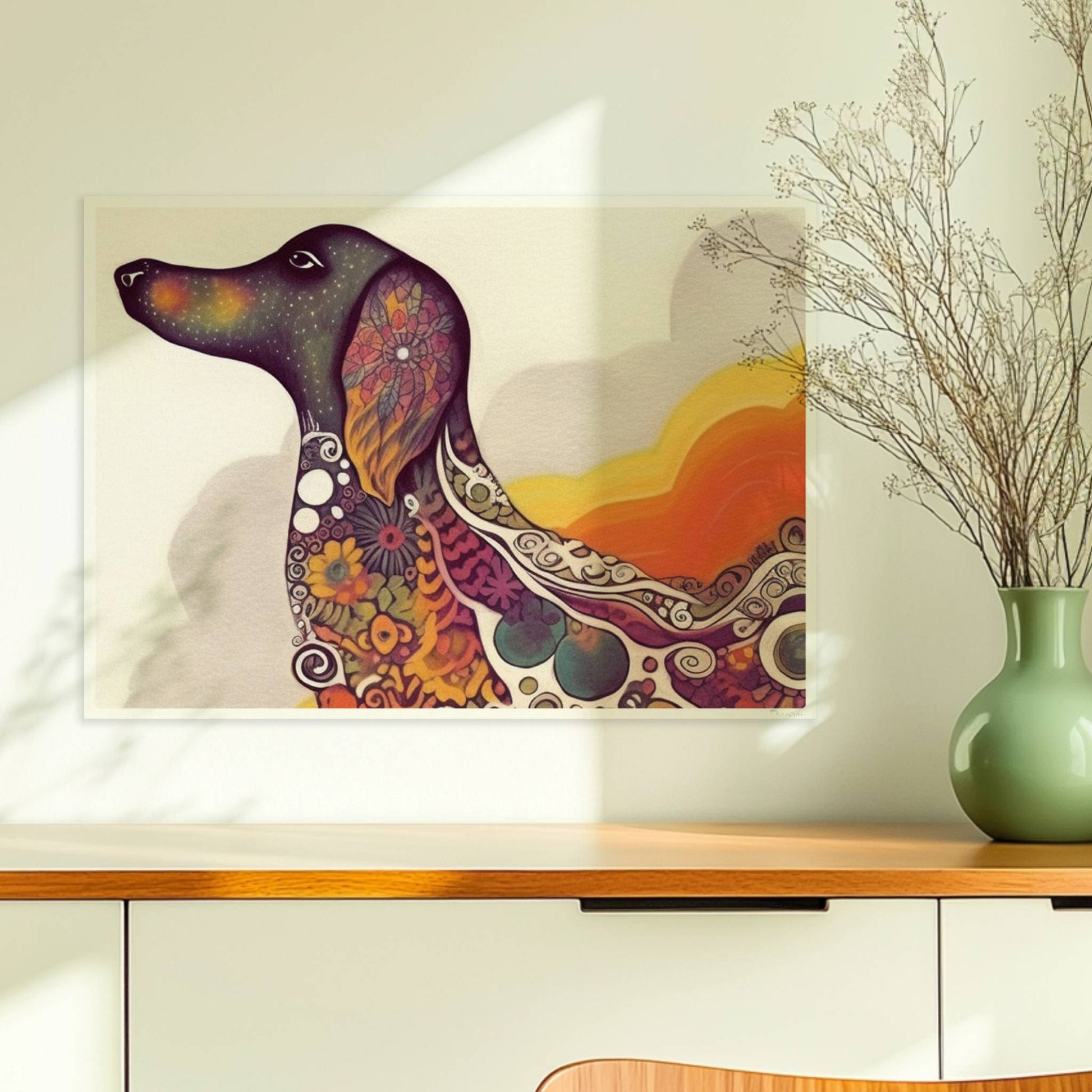 Bunter Dackel in psychedelischem Stil mit Mustern.. Ohne Rahmen 70x50