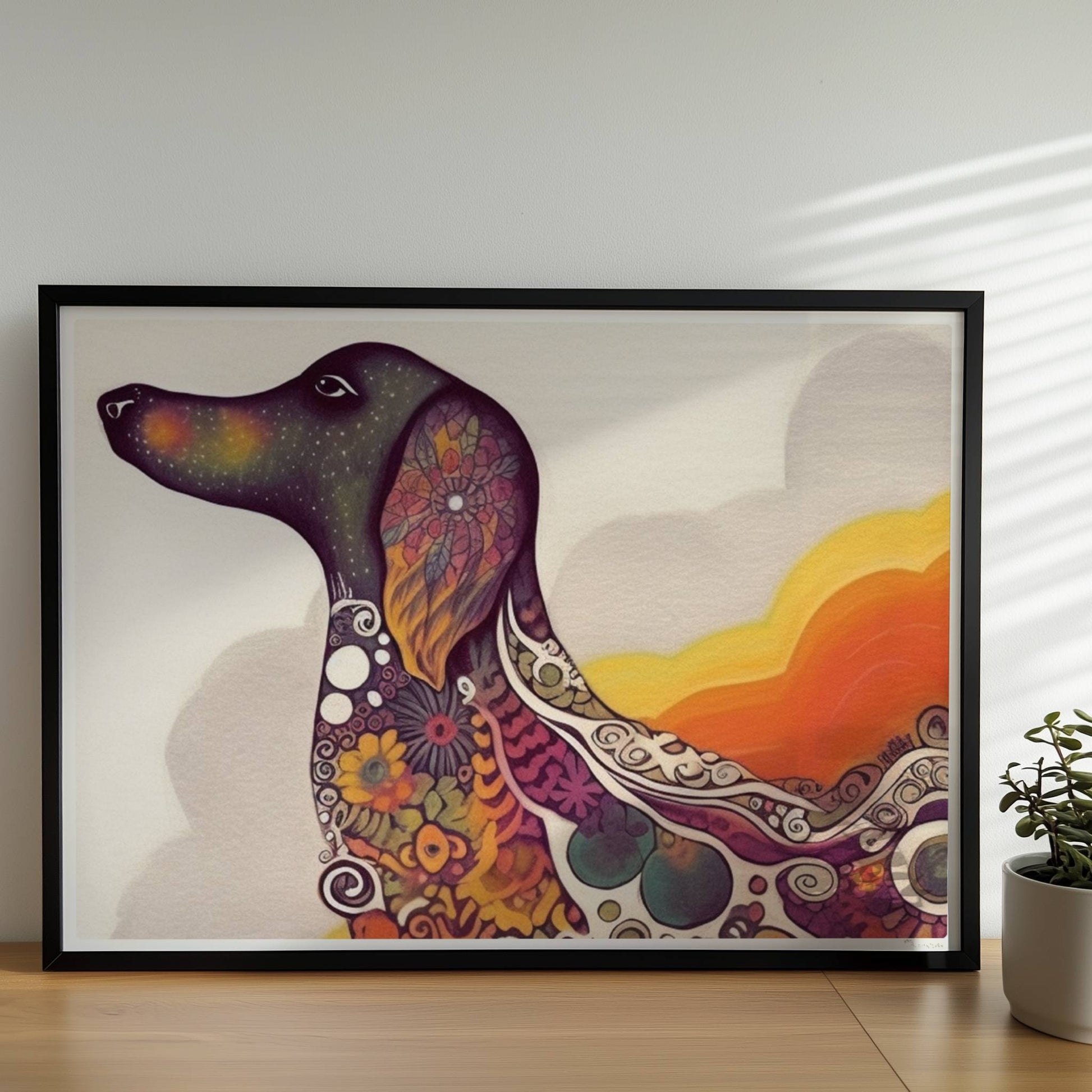 Bunter Dackel in psychedelischem Stil mit Mustern.. Rahmen schwarz 70x50