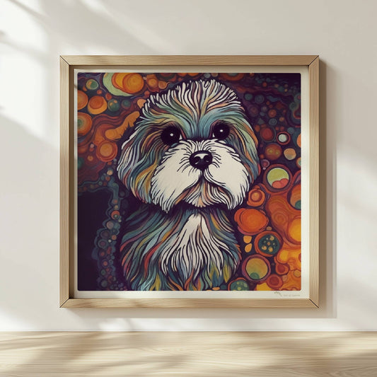 Künstlerisches Hundeporträt mit fantasievollen Blasen.. Rahmen natur 30x30