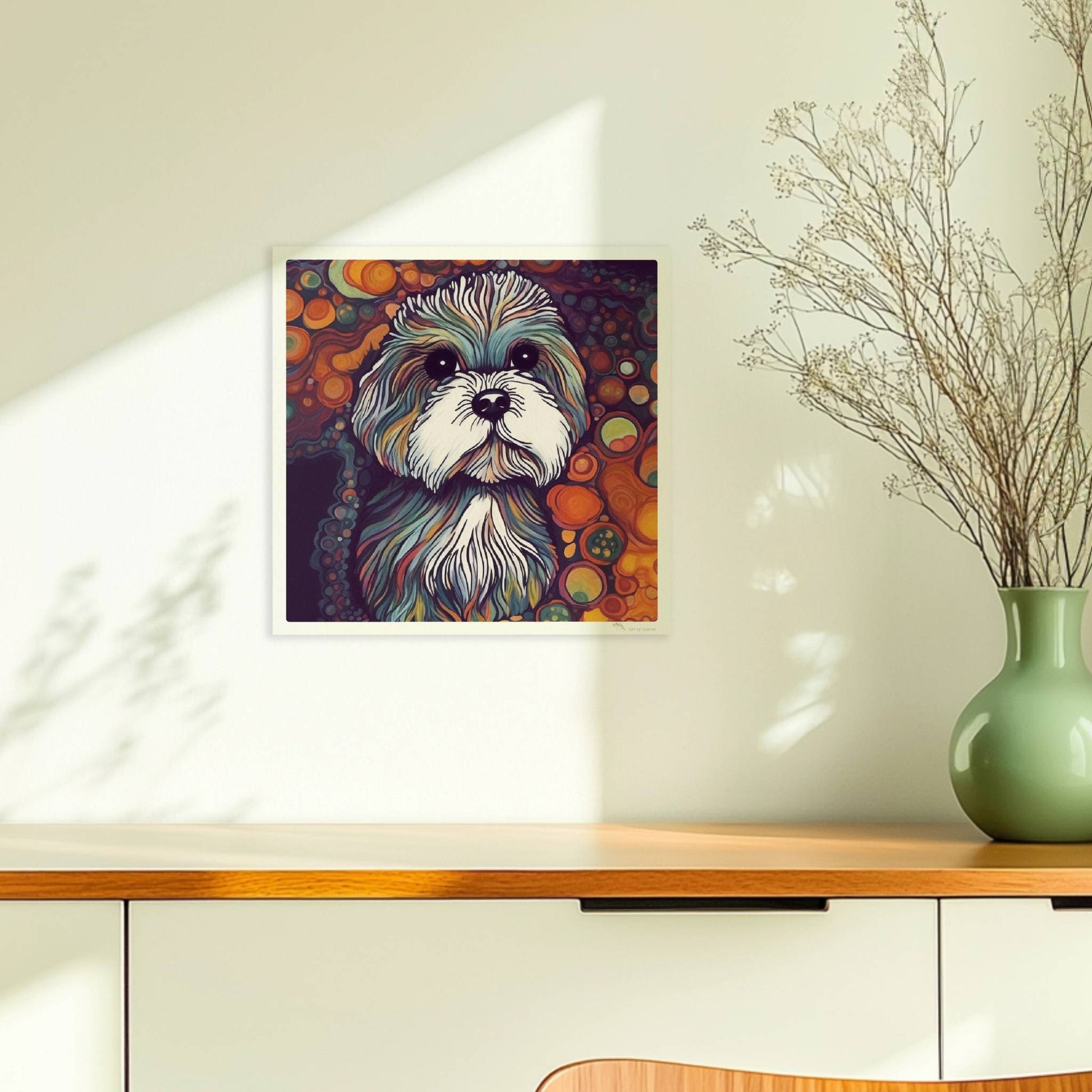Künstlerisches Hundeporträt mit fantasievollen Blasen.. Ohne Rahmen 30x30