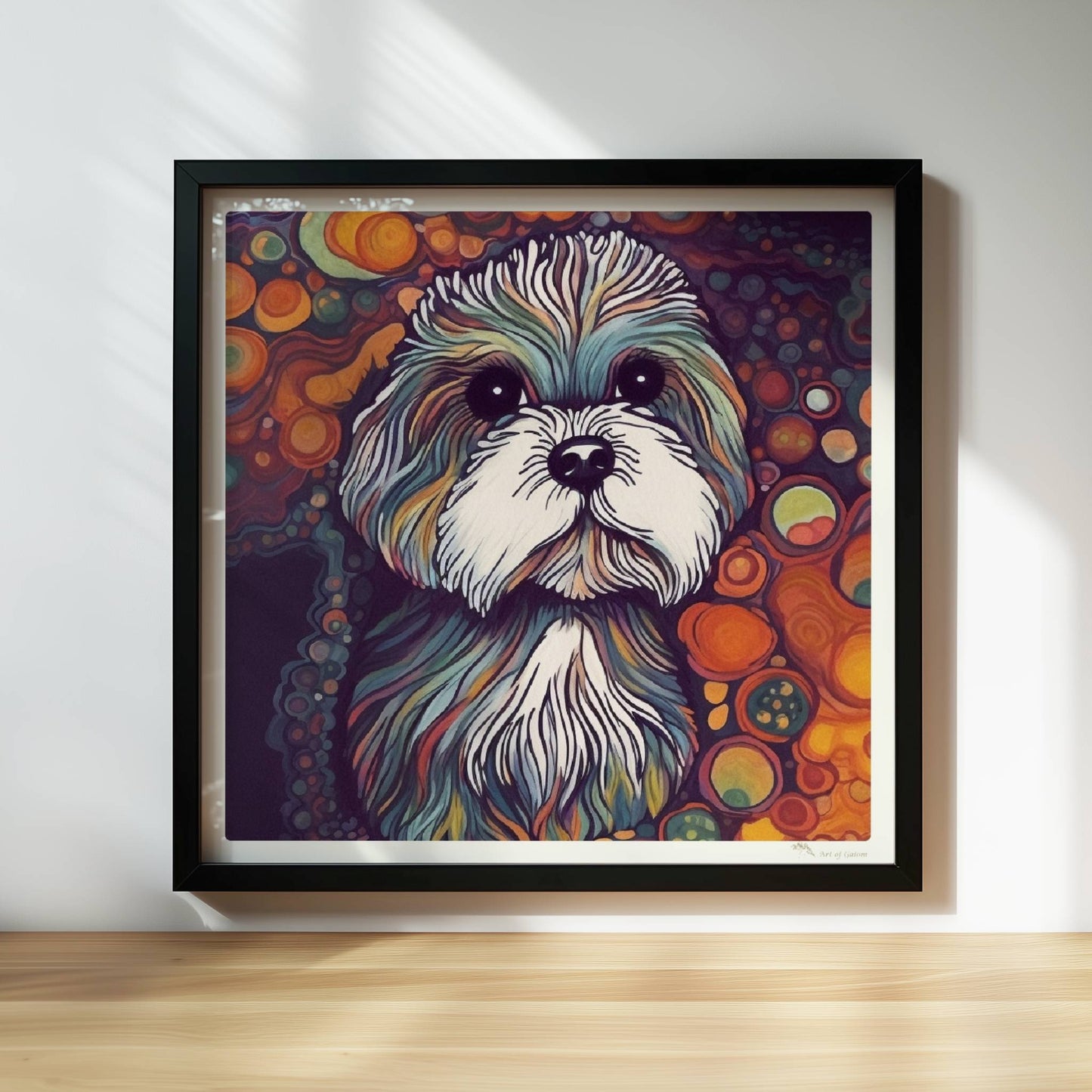 Künstlerisches Hundeporträt mit fantasievollen Blasen.. Rahmen schwarz 30x30