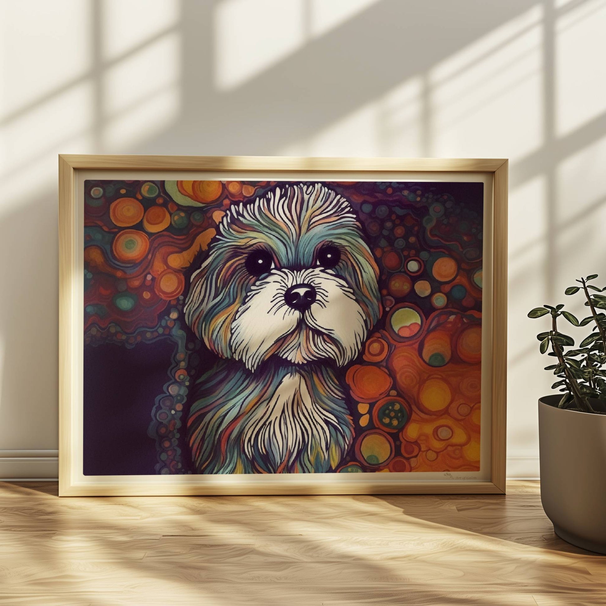 Künstlerisches Hundeporträt mit fantasievollen Blasen.. Rahmen natur 40x30