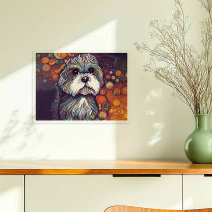 Künstlerisches Hundeporträt mit fantasievollen Blasen.. Ohne Rahmen 40x30