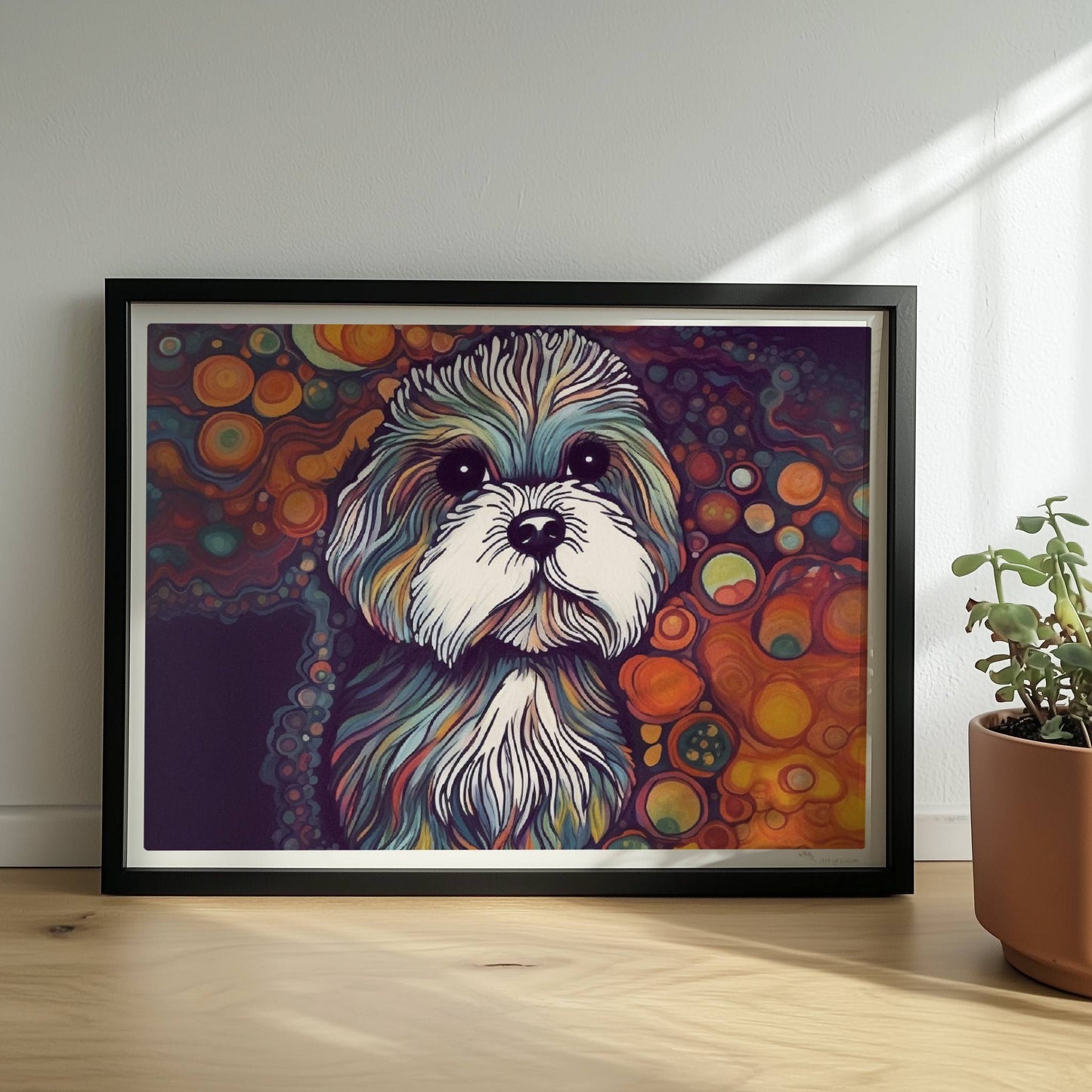 Künstlerisches Hundeporträt mit fantasievollen Blasen.. Rahmen schwarz 40x30