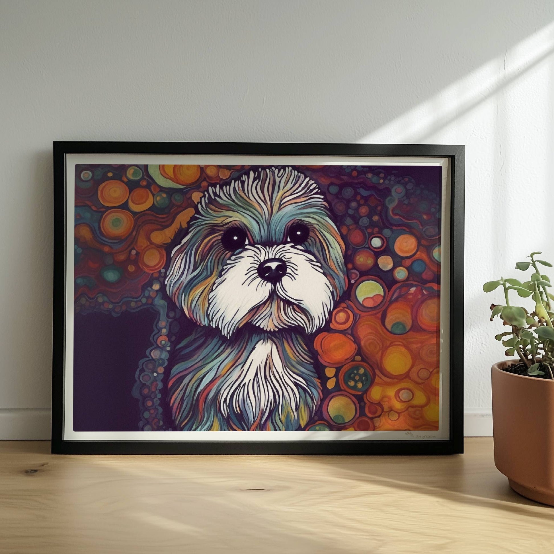 Künstlerisches Hundeporträt mit fantasievollen Blasen.. Rahmen schwarz 40x30