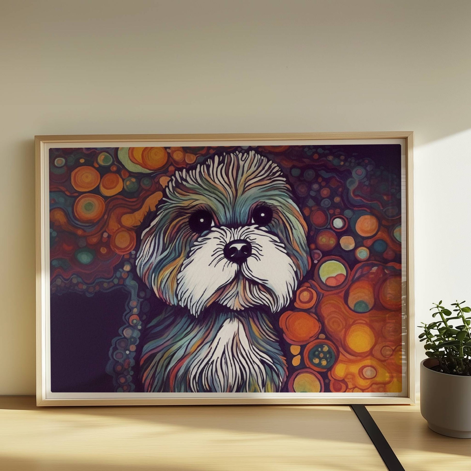 Künstlerisches Hundeporträt mit fantasievollen Blasen.. Rahmen natur 70x50