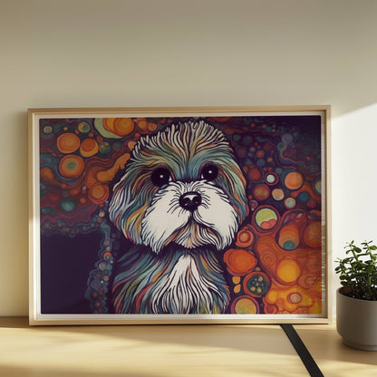 Künstlerisches Hundeporträt mit fantasievollen Blasen.. Rahmen natur 70x50