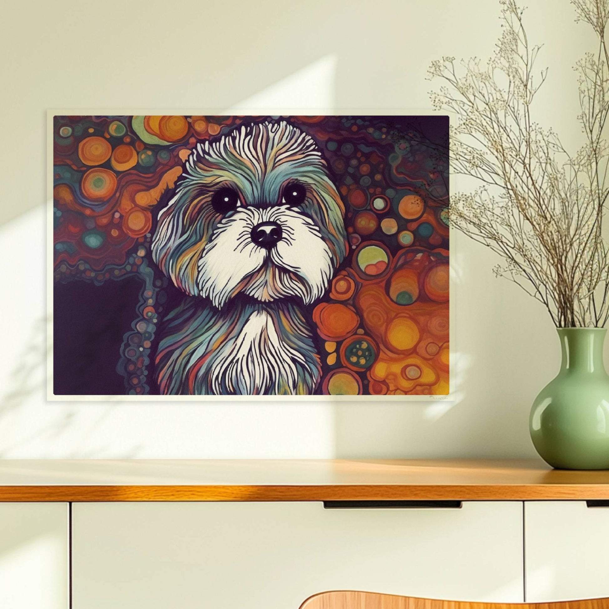 Künstlerisches Hundeporträt mit fantasievollen Blasen.. Ohne Rahmen 70x50