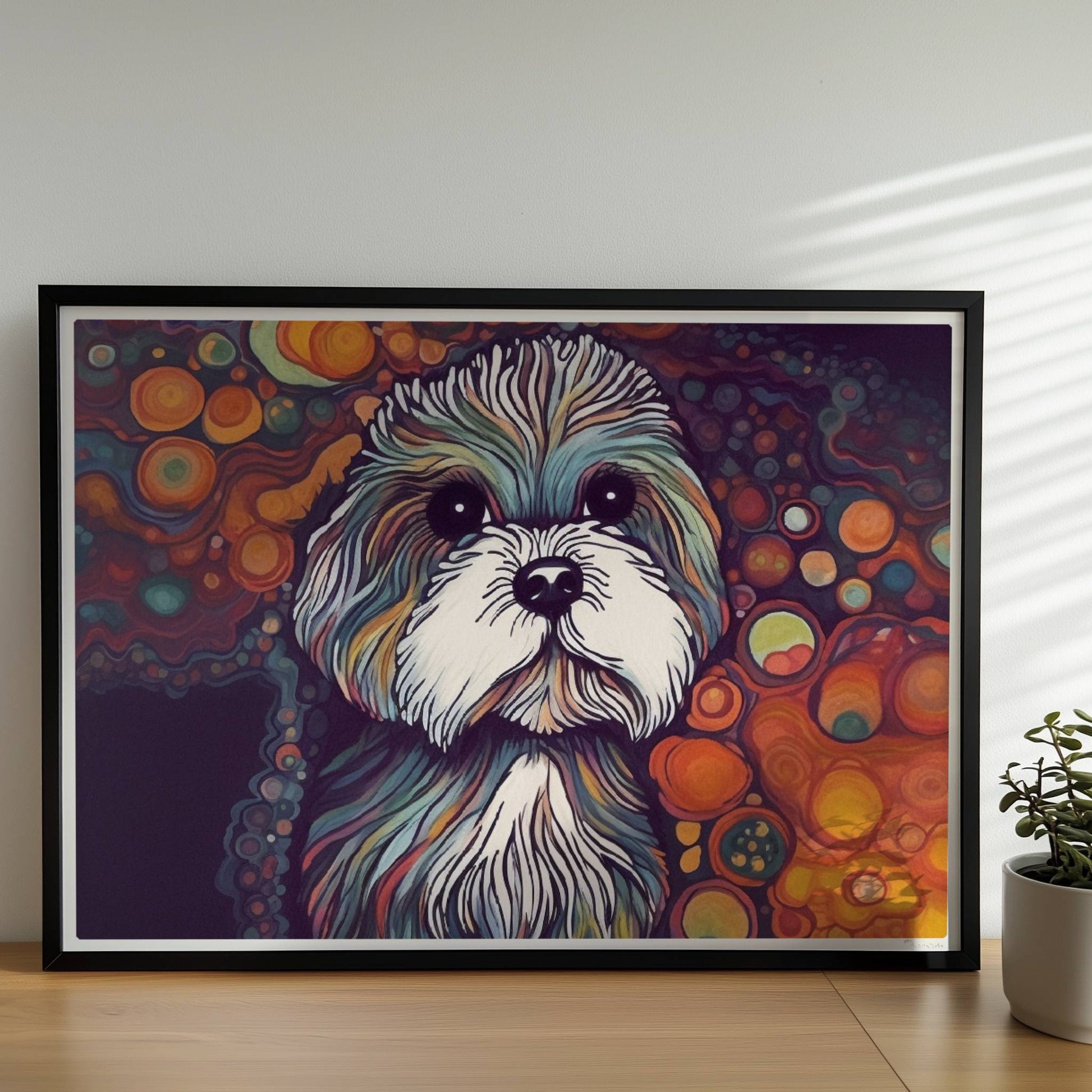 Künstlerisches Hundeporträt mit fantasievollen Blasen.. Rahmen schwarz 70x50