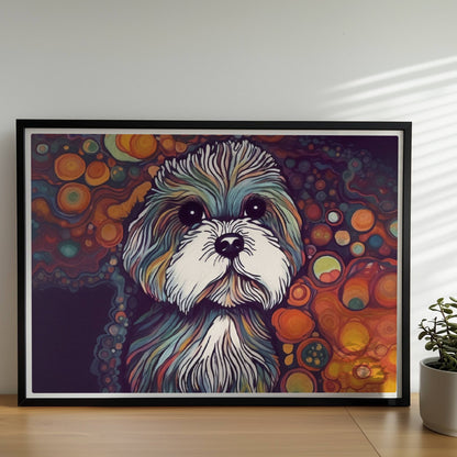 Künstlerisches Hundeporträt mit fantasievollen Blasen.. Rahmen schwarz 70x50