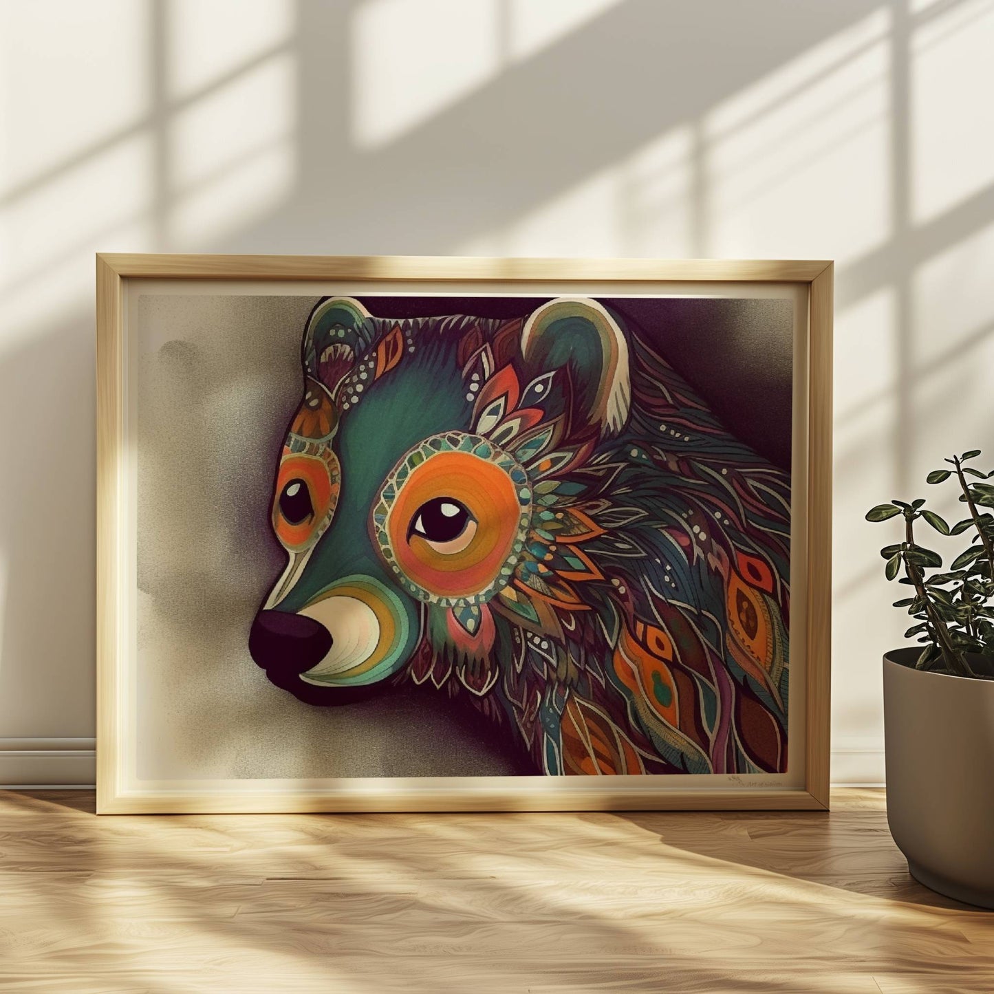 Bär mit leuchtenden Ornamenten auf dunklem Hintergrund, im fantasievollen Stil illustriert.. Rahmen natur 40x30