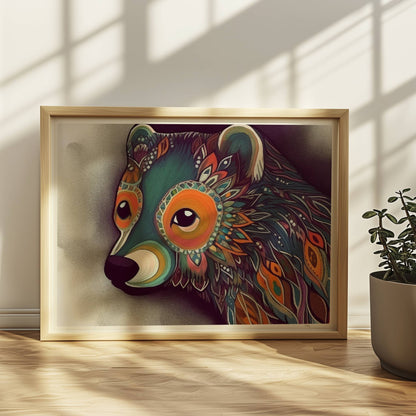 Bär mit leuchtenden Ornamenten auf dunklem Hintergrund, im fantasievollen Stil illustriert.. Rahmen natur 40x30