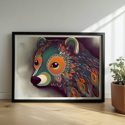 Bär mit leuchtenden Ornamenten auf dunklem Hintergrund, im fantasievollen Stil illustriert.. Rahmen schwarz 40x30