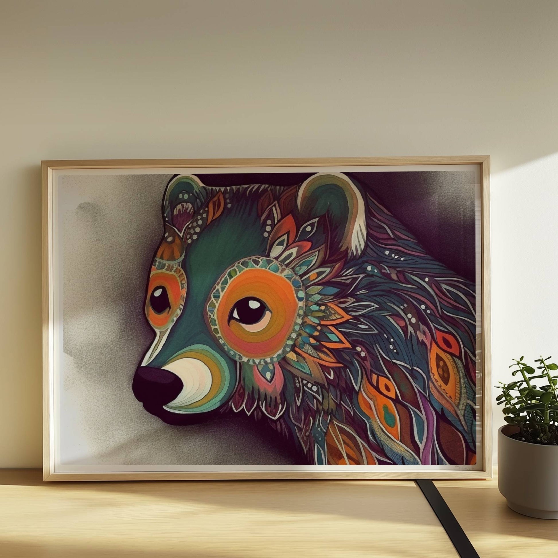 Bär mit leuchtenden Ornamenten auf dunklem Hintergrund, im fantasievollen Stil illustriert.. Rahmen natur 70x50