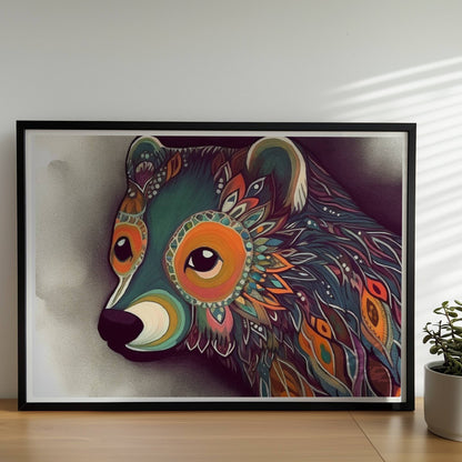 Bär mit leuchtenden Ornamenten auf dunklem Hintergrund, im fantasievollen Stil illustriert.. Rahmen schwarz 70x50