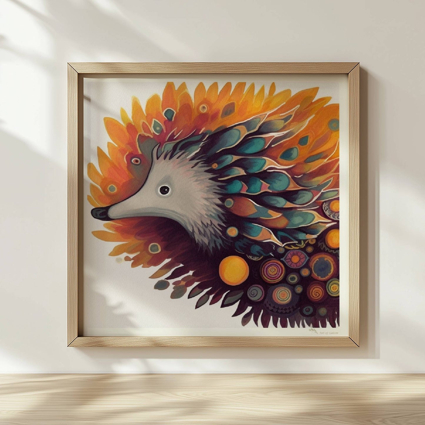 Verspielter Igel mit floralen und abstrakten Elementen.. Rahmen natur 30x30