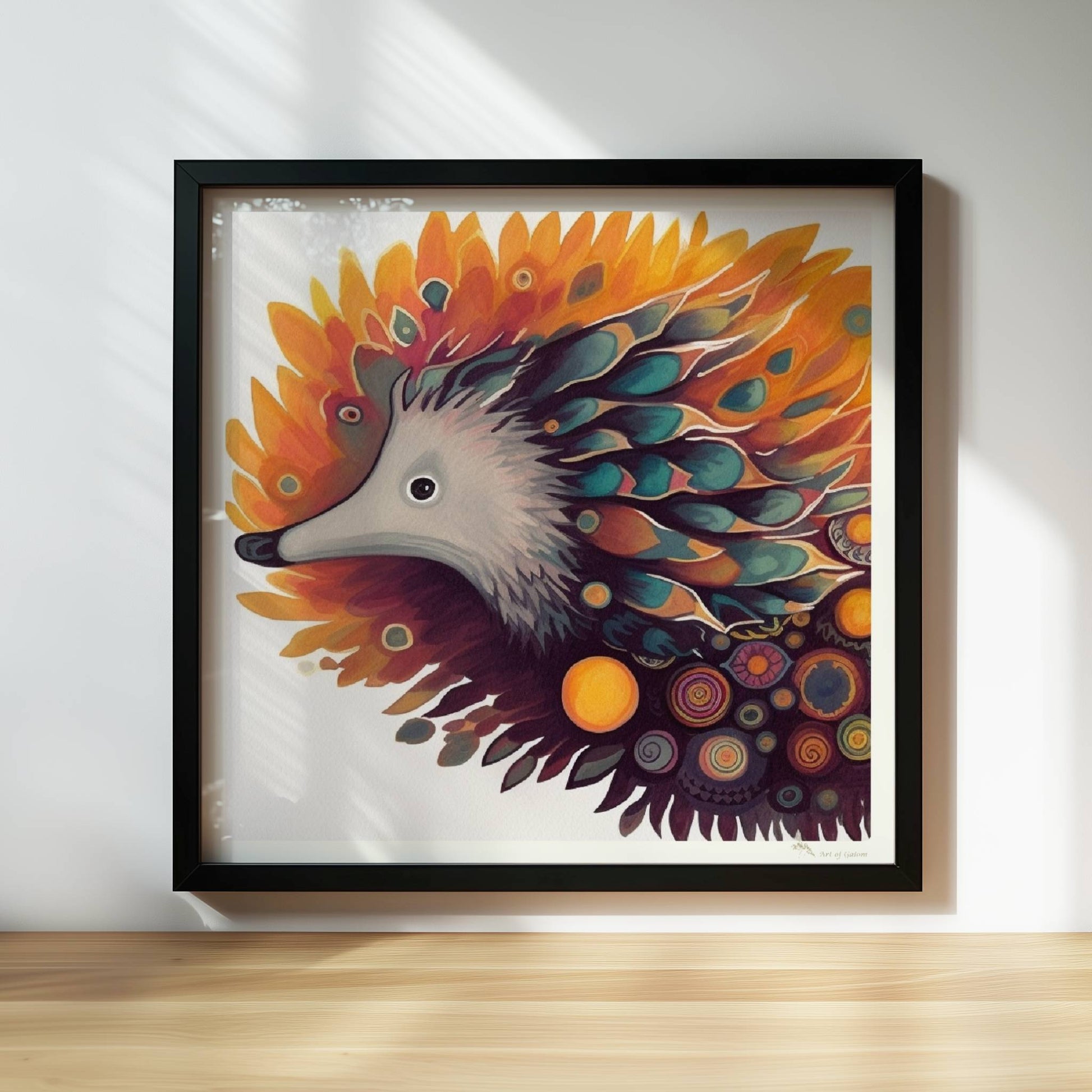 Verspielter Igel mit floralen und abstrakten Elementen.. Rahmen schwarz 30x30