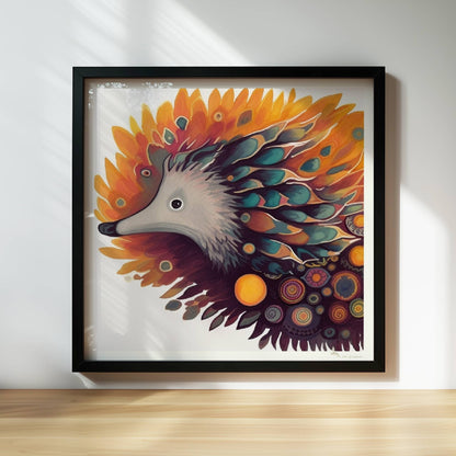 Verspielter Igel mit floralen und abstrakten Elementen.. Rahmen schwarz 30x30