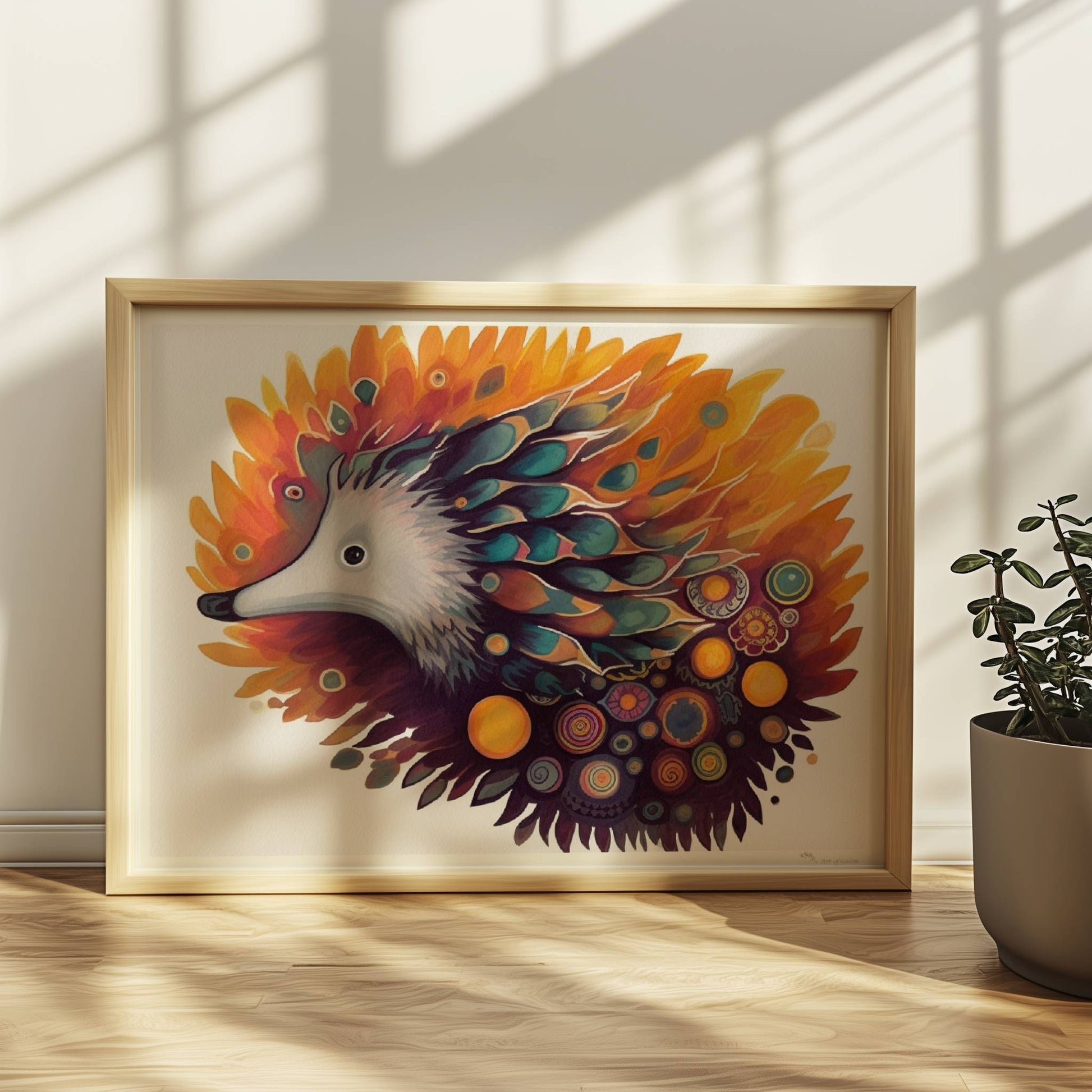 Verspielter Igel mit floralen und abstrakten Elementen.. Rahmen natur 40x30