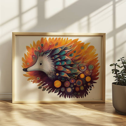 Verspielter Igel mit floralen und abstrakten Elementen.. Rahmen natur 40x30