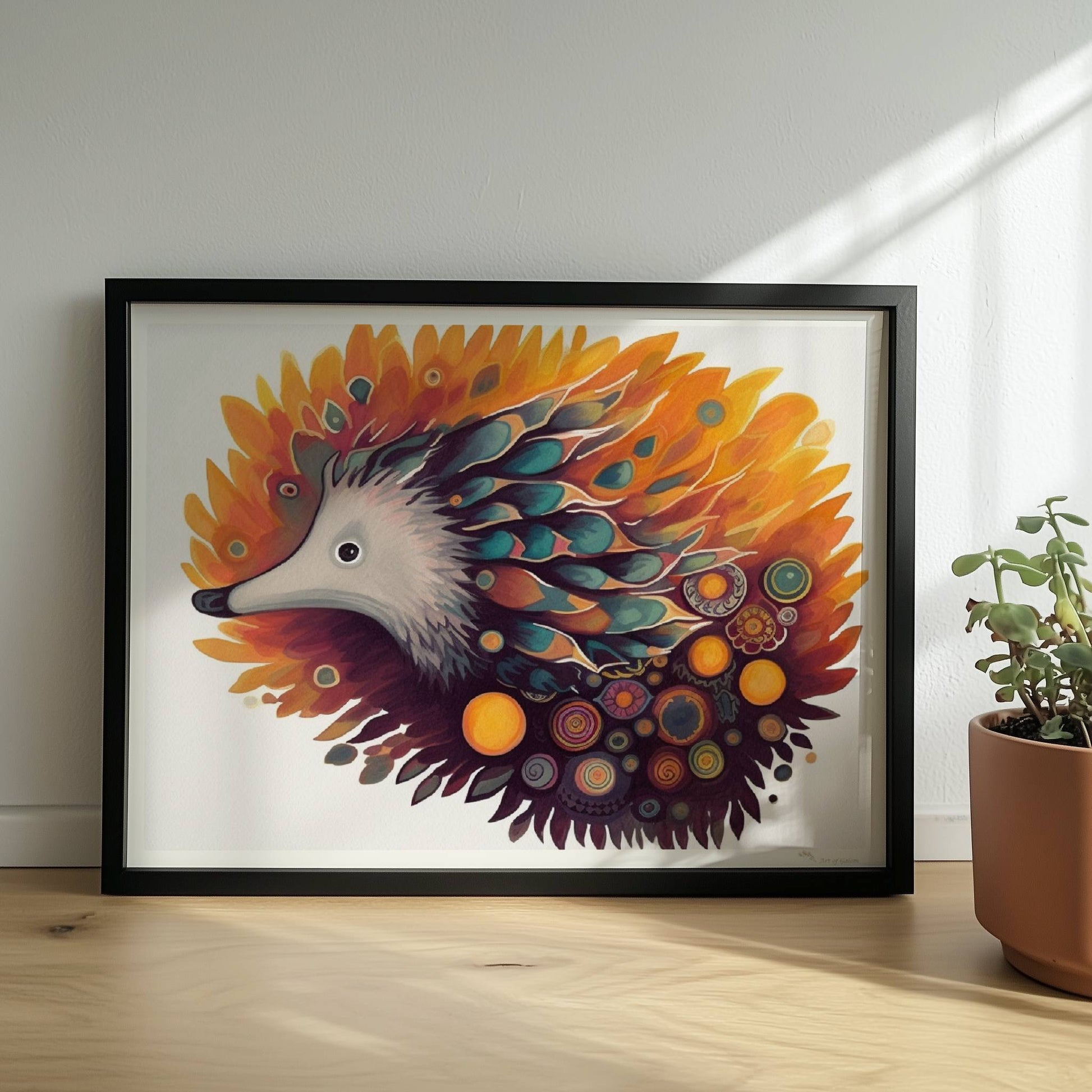 Verspielter Igel mit floralen und abstrakten Elementen.. Rahmen schwarz 40x30