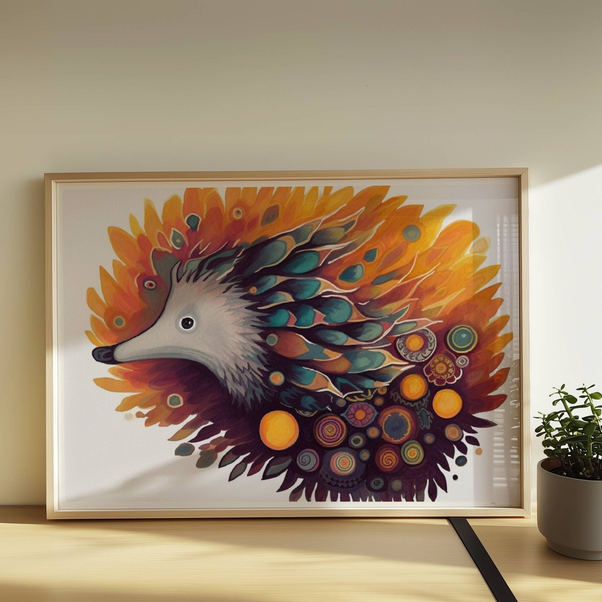 Verspielter Igel mit floralen und abstrakten Elementen.. Rahmen natur 70x50
