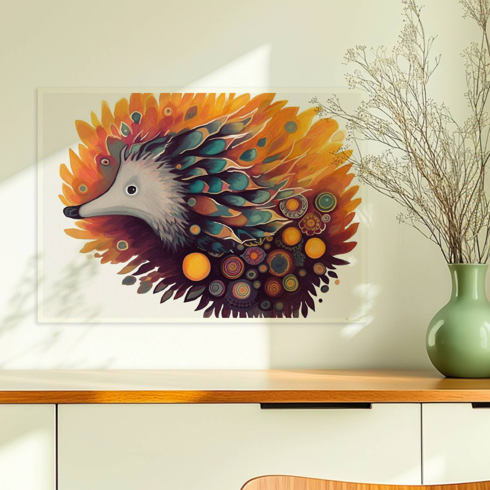 Verspielter Igel mit floralen und abstrakten Elementen.. Ohne Rahmen 70x50