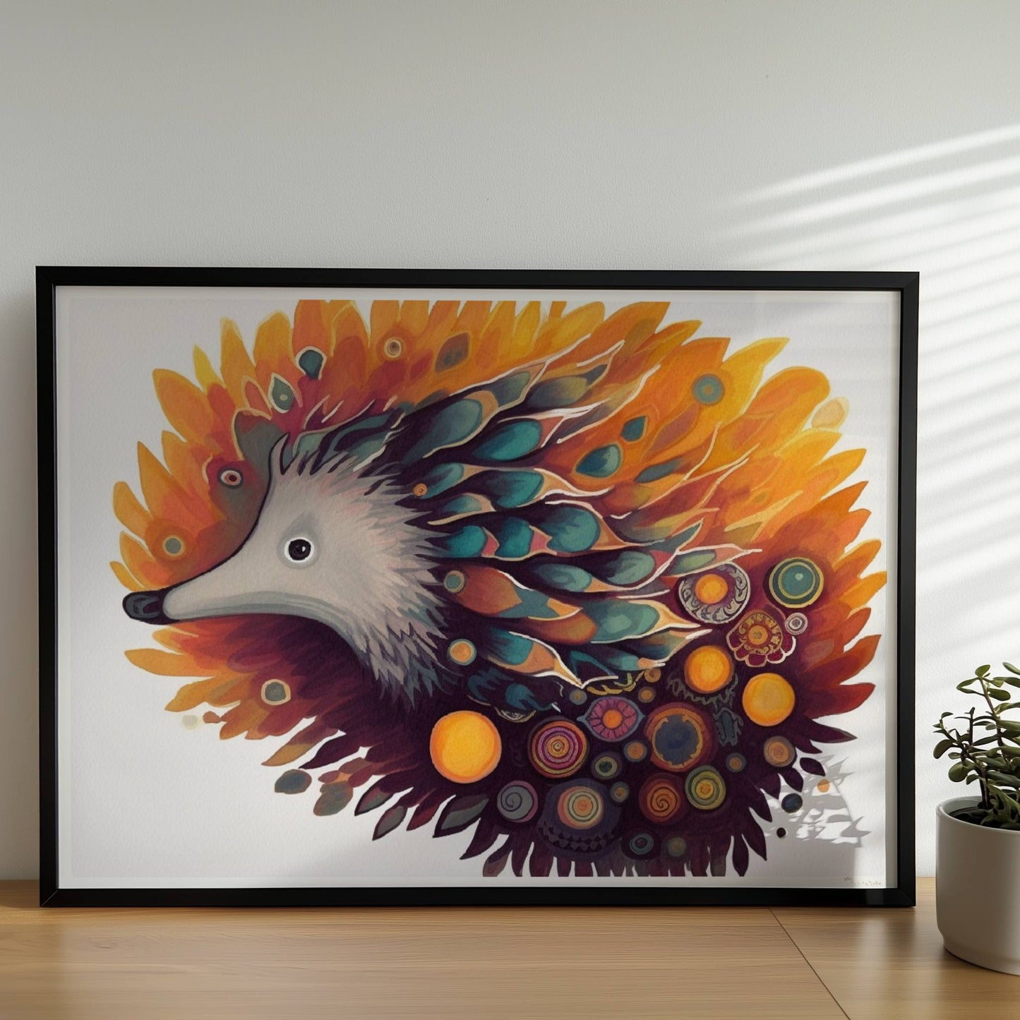 Verspielter Igel mit floralen und abstrakten Elementen.. Rahmen schwarz 70x50