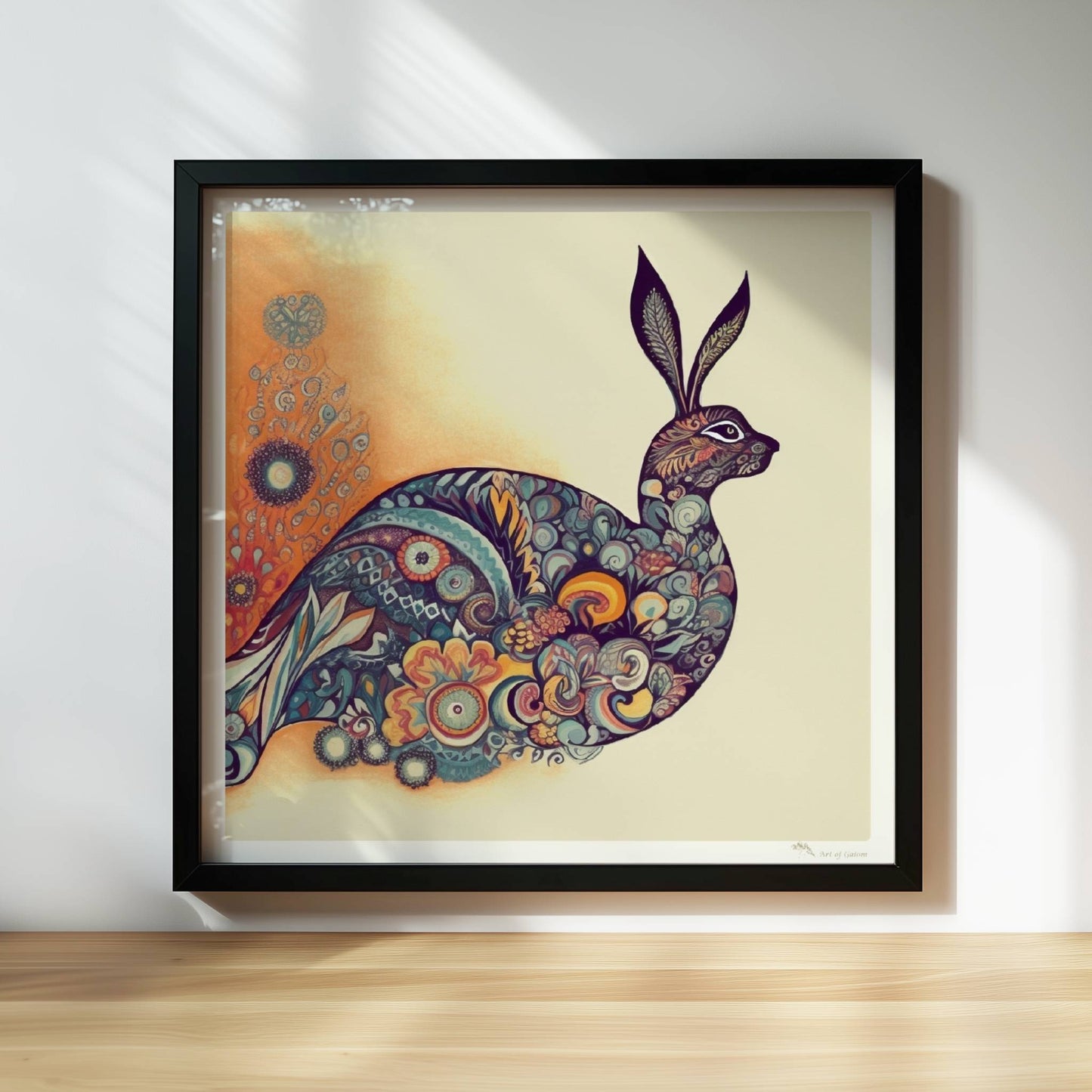 Dekorativer Hase mit Ornamenten im Körper.. Rahmen schwarz 30x30