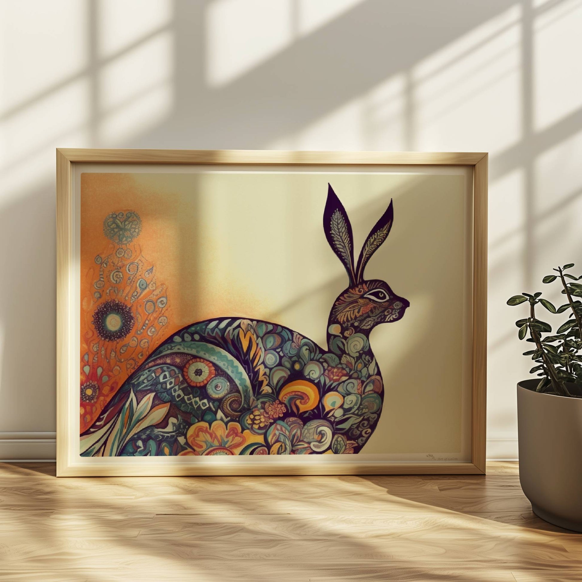 Dekorativer Hase mit Ornamenten im Körper.. Rahmen natur 40x30