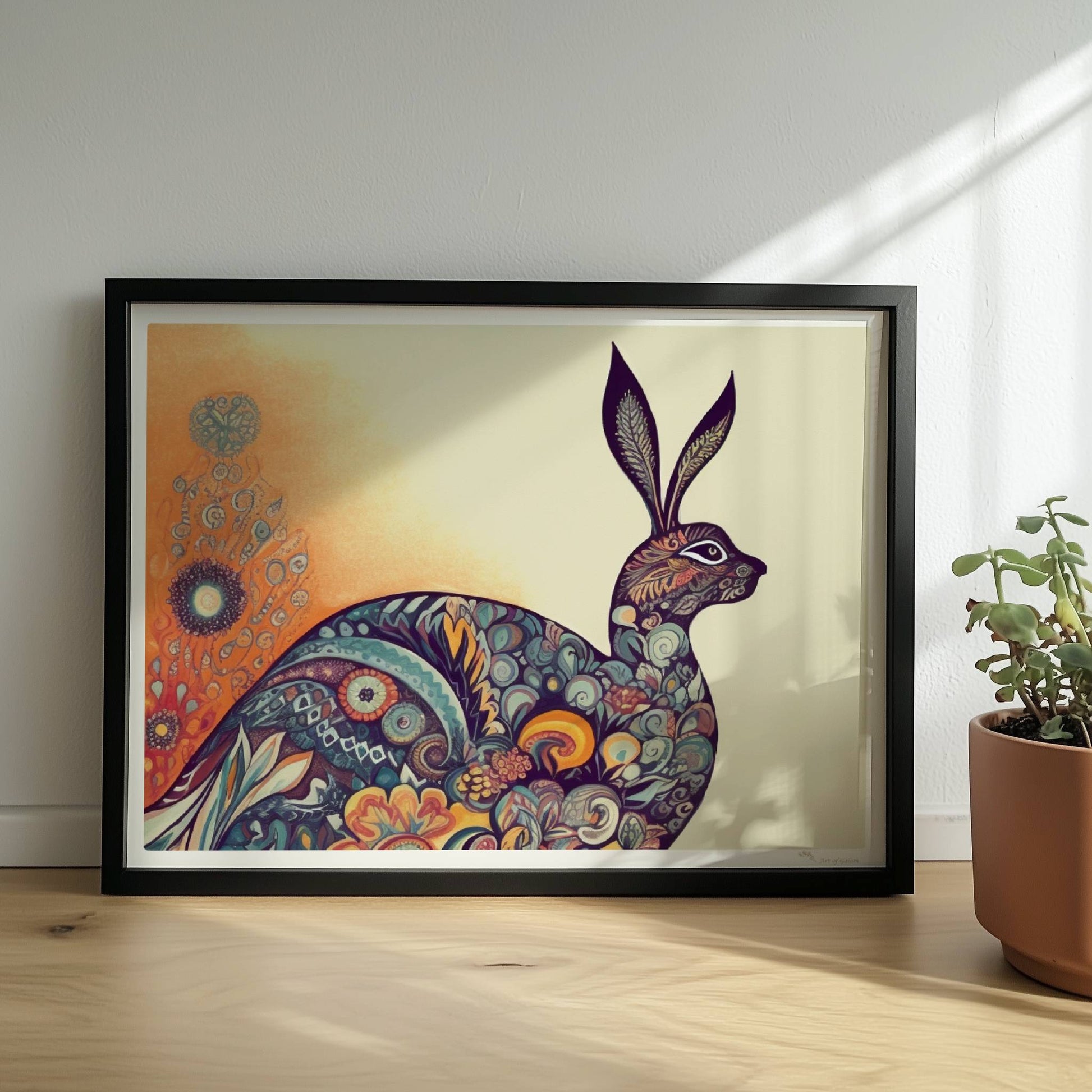 Dekorativer Hase mit Ornamenten im Körper.. Rahmen schwarz 40x30