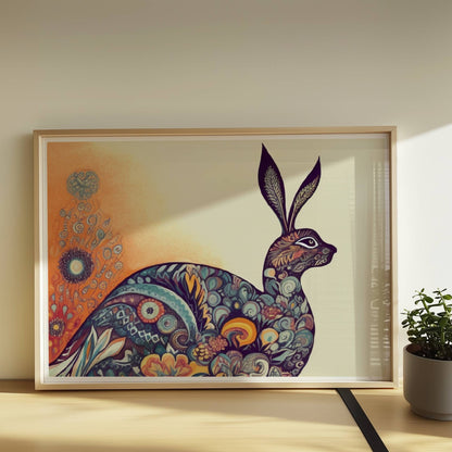 Dekorativer Hase mit Ornamenten im Körper.. Rahmen natur 70x50
