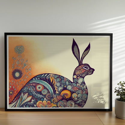 Dekorativer Hase mit Ornamenten im Körper.. Rahmen schwarz 70x50