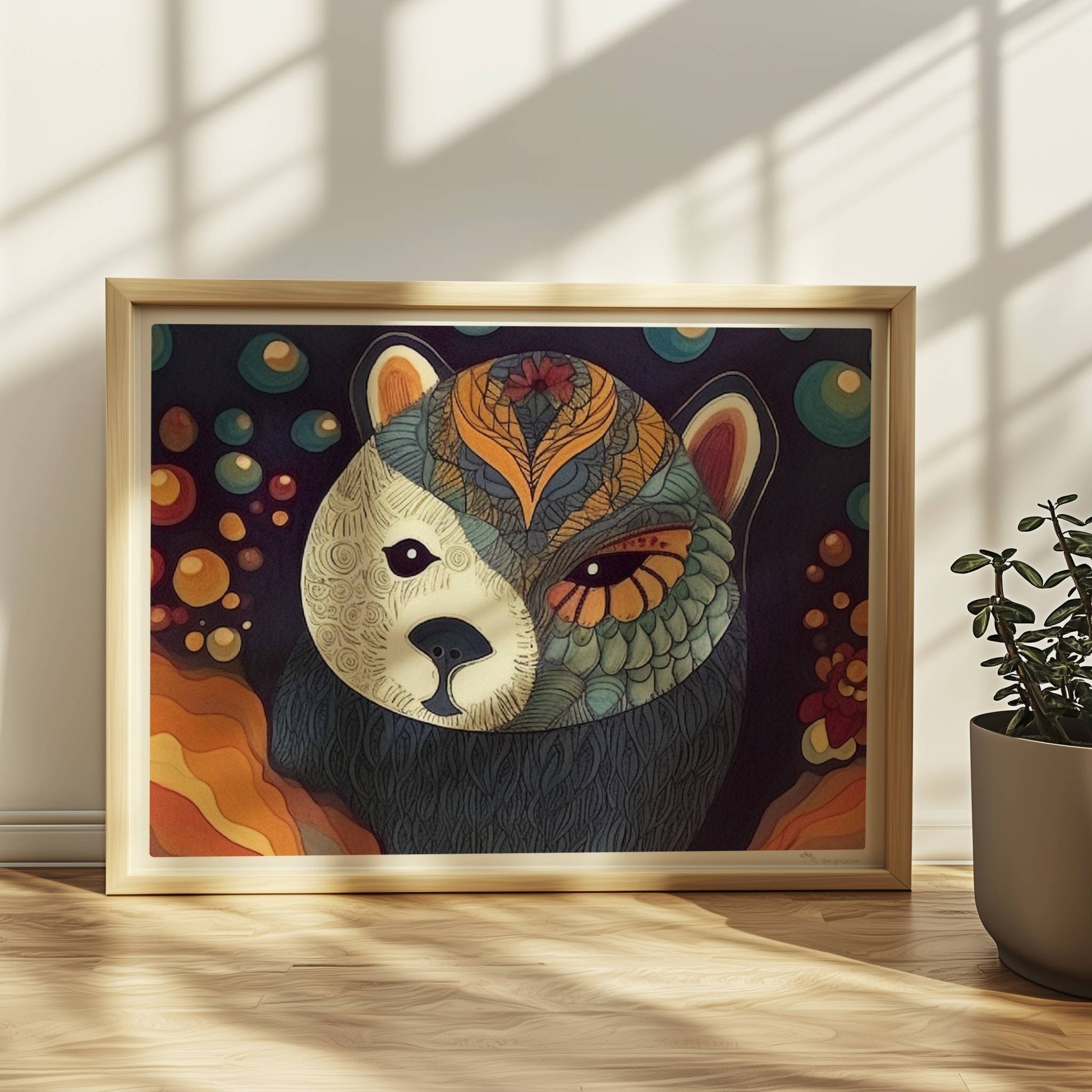 Bär mit grafischem Muster in ruhigem Farbkontrast.. Rahmen natur 40x30