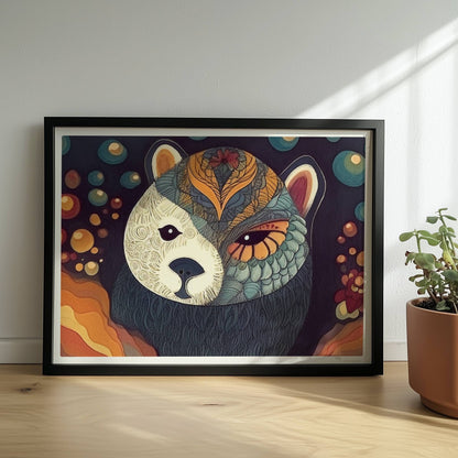 Bär mit grafischem Muster in ruhigem Farbkontrast.. Rahmen schwarz 40x30