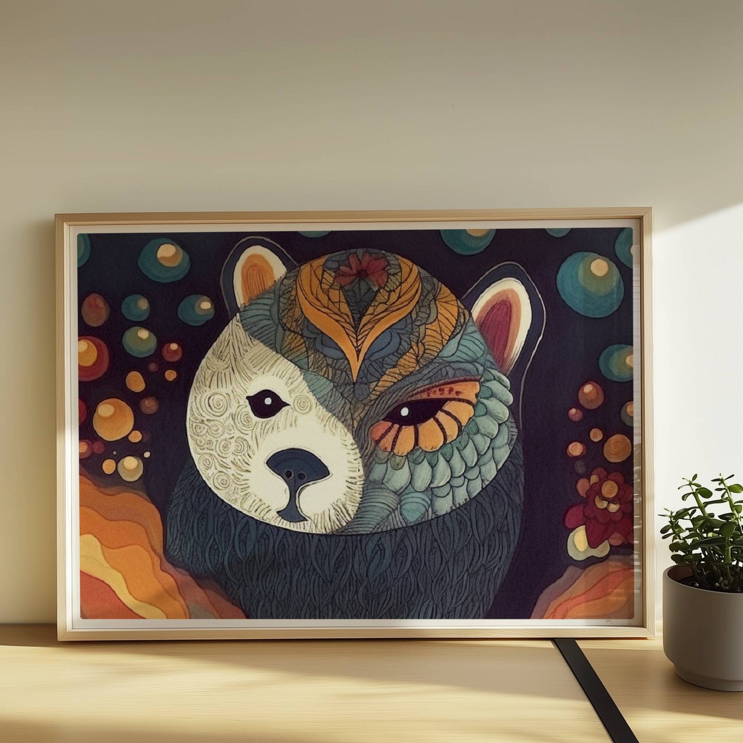 Bär mit grafischem Muster in ruhigem Farbkontrast.. Rahmen natur 70x50