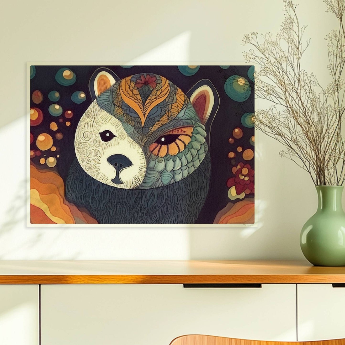 Bär mit grafischem Muster in ruhigem Farbkontrast.. Ohne Rahmen 70x50