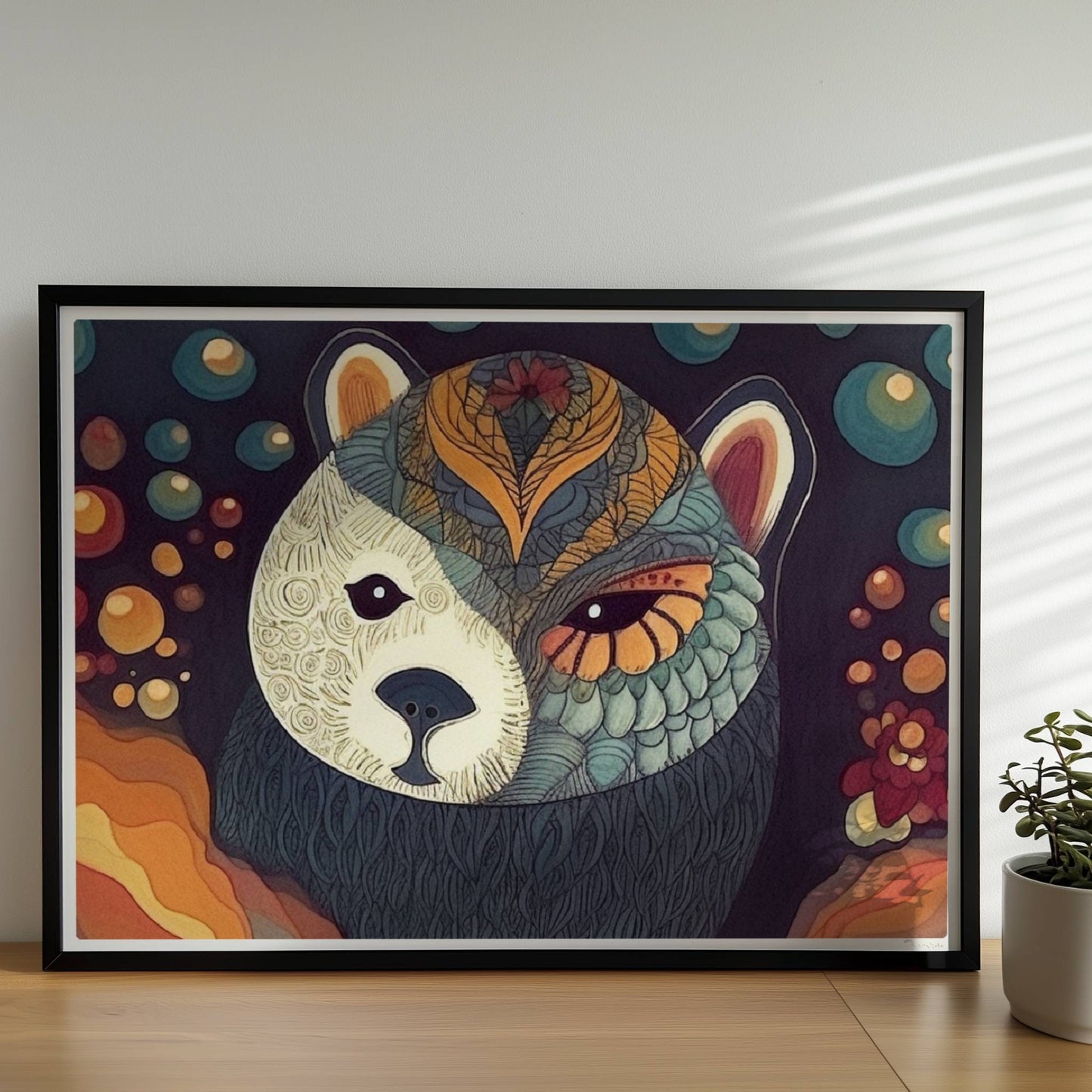 Bär mit grafischem Muster in ruhigem Farbkontrast.. Rahmen schwarz 70x50