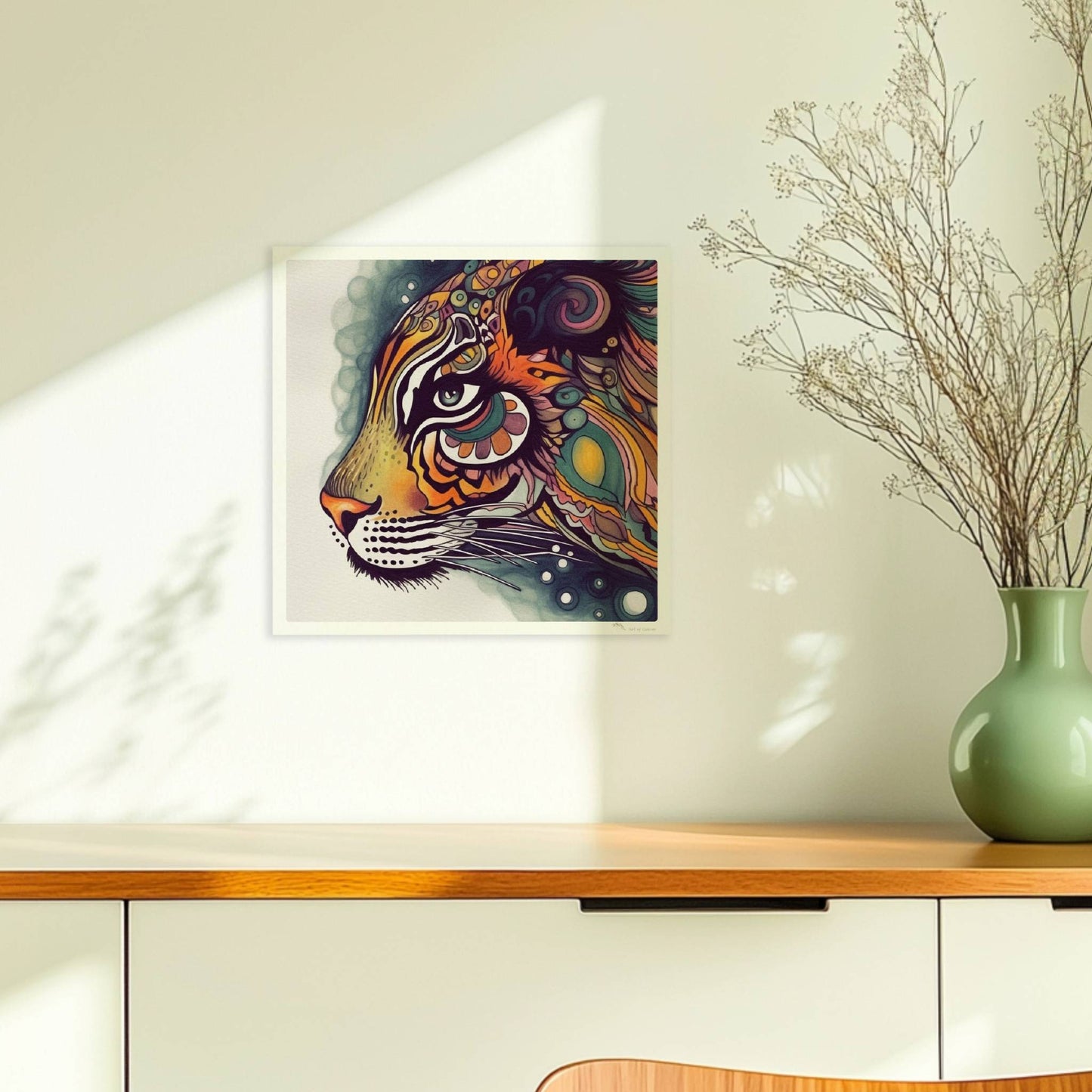 Stilisierter Tigerkopf mit verschnörkelten Mustern.. Ohne Rahmen 30x30
