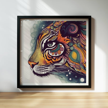 Stilisierter Tigerkopf mit verschnörkelten Mustern.. Rahmen schwarz 30x30