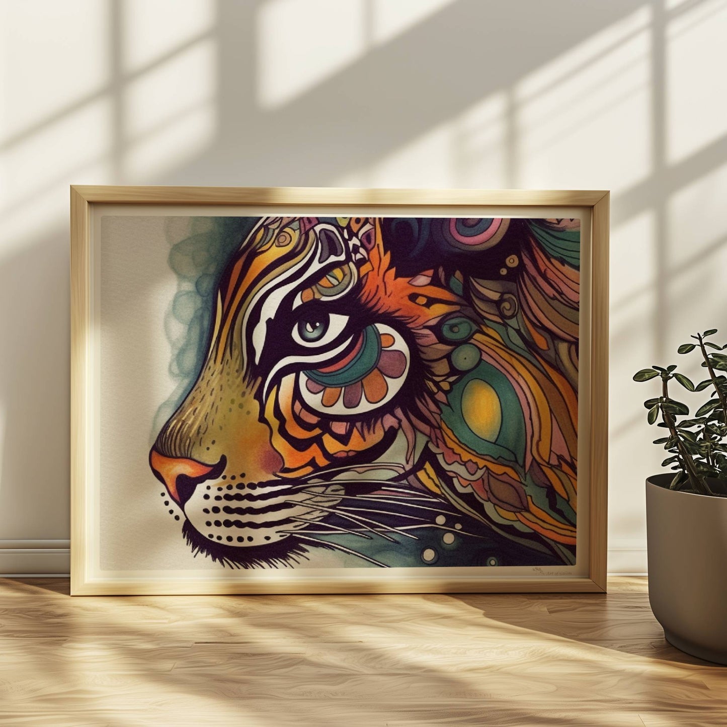 Stilisierter Tigerkopf mit verschnörkelten Mustern.. Rahmen natur 40x30