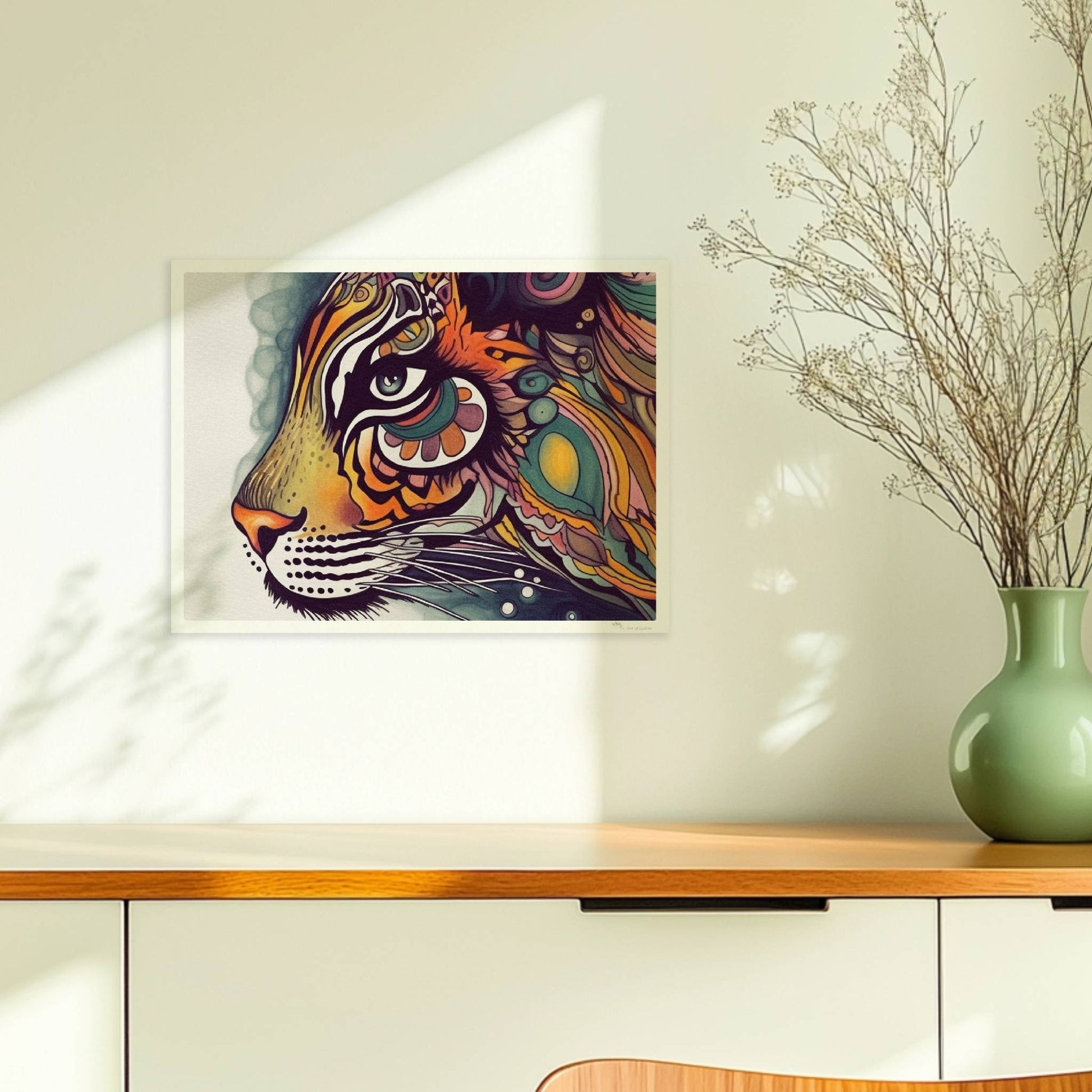 Stilisierter Tigerkopf mit verschnörkelten Mustern.. Ohne Rahmen 40x30