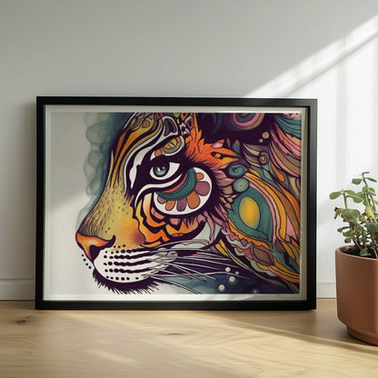 Stilisierter Tigerkopf mit verschnörkelten Mustern.. Rahmen schwarz 40x30