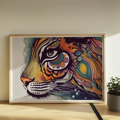 Stilisierter Tigerkopf mit verschnörkelten Mustern.. Rahmen natur 70x50