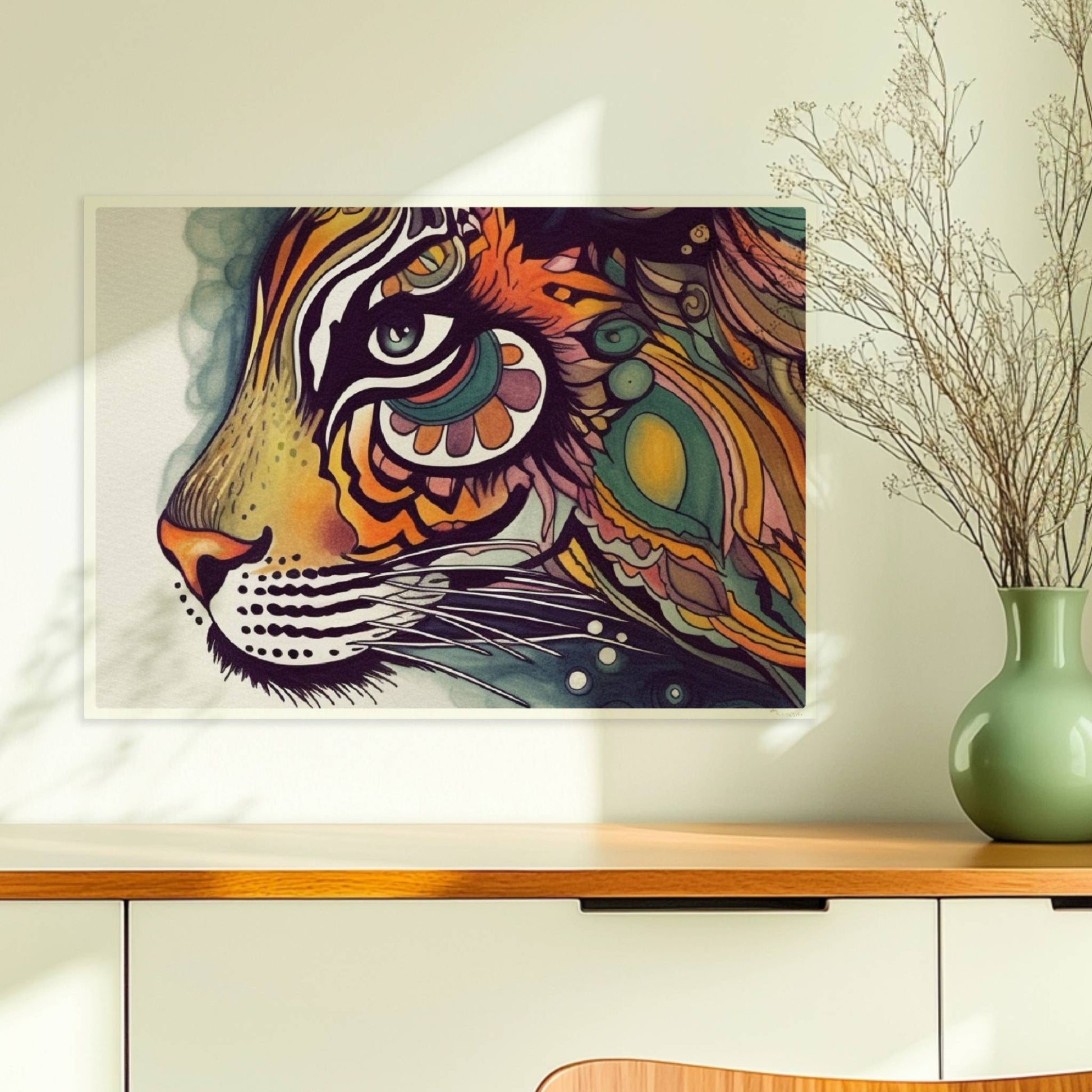 Stilisierter Tigerkopf mit verschnörkelten Mustern.. Ohne Rahmen 70x50
