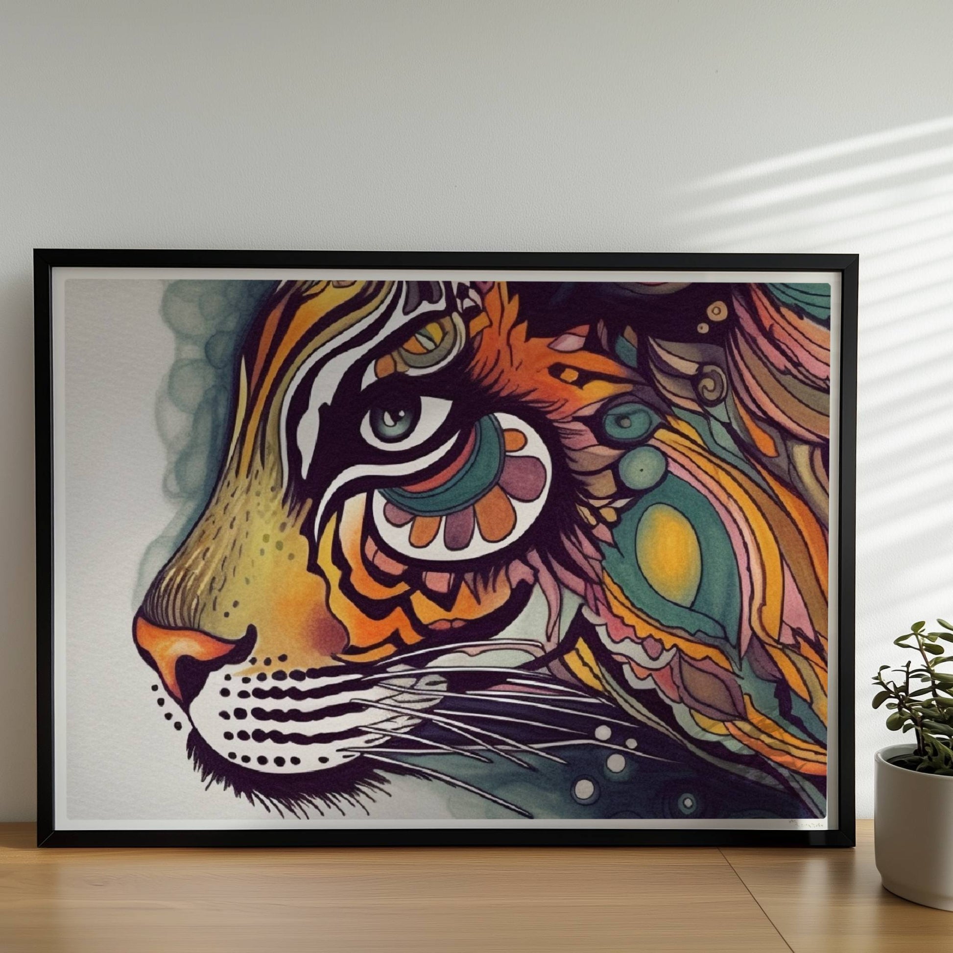 Stilisierter Tigerkopf mit verschnörkelten Mustern.. Rahmen schwarz 70x50
