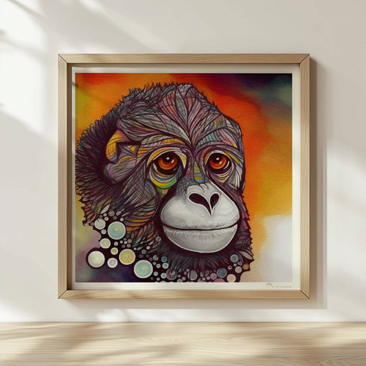 Porträt eines Affen mit bunten Kreisen und fantasievollem Ausdruck.. Rahmen natur 30x30
