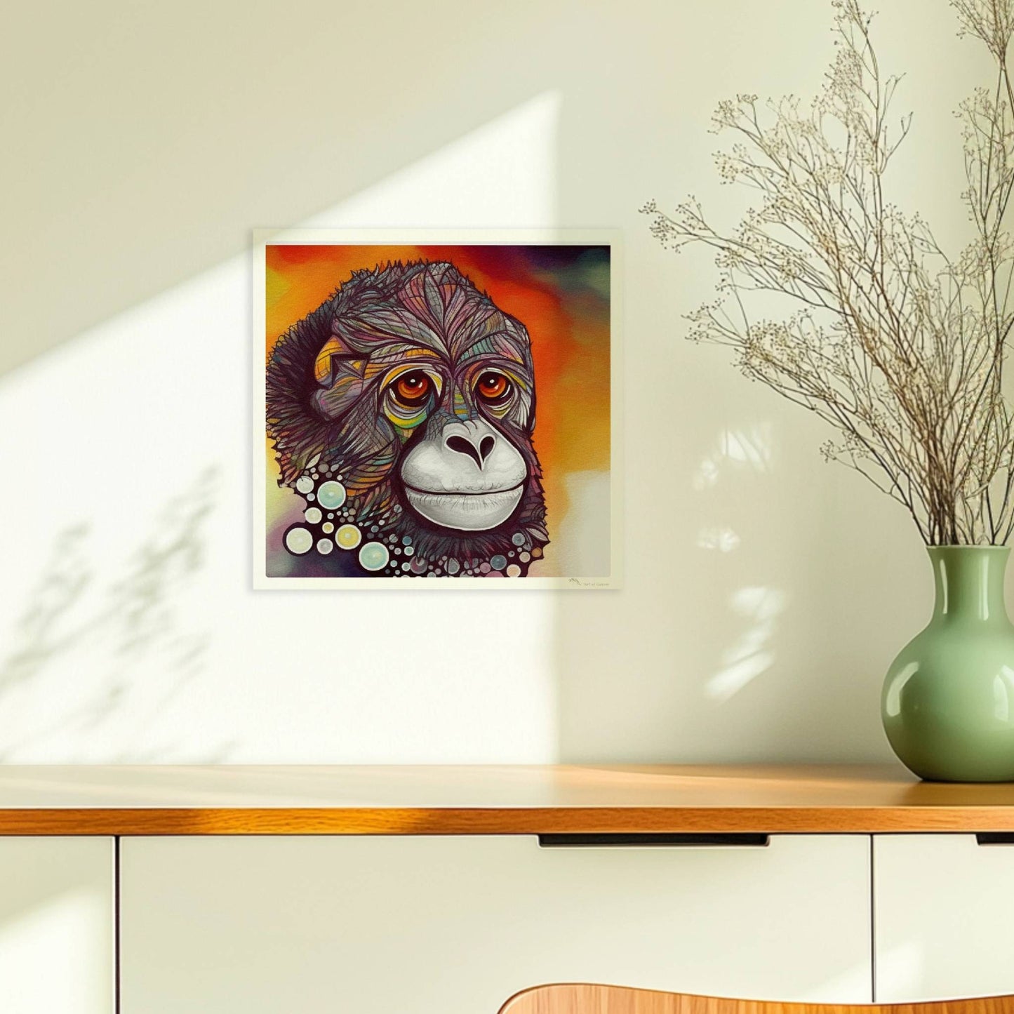 Porträt eines Affen mit bunten Kreisen und fantasievollem Ausdruck.. Ohne Rahmen 30x30